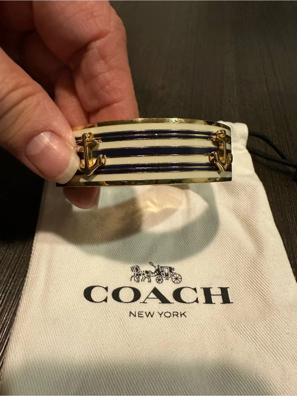 Coach Gold and Navy Anchor Stripe Bangle Bracelet